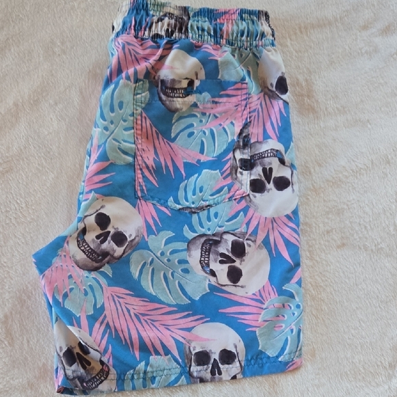 NOBO Y2K SWIM TRUNKS SKULLS & LEAVES BLUE PINK COMFY STUFF SKATE PUNK 28/30 SURF - Picture 8 of 8
